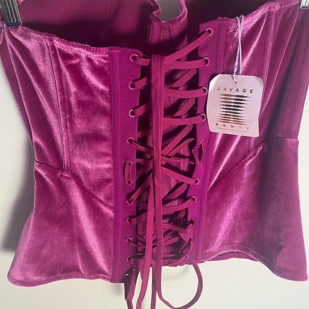 Savage X Fenty Corset Top Womens Large Pink Velvet Strapless Lace Up Boned New - Picture 5 of 7